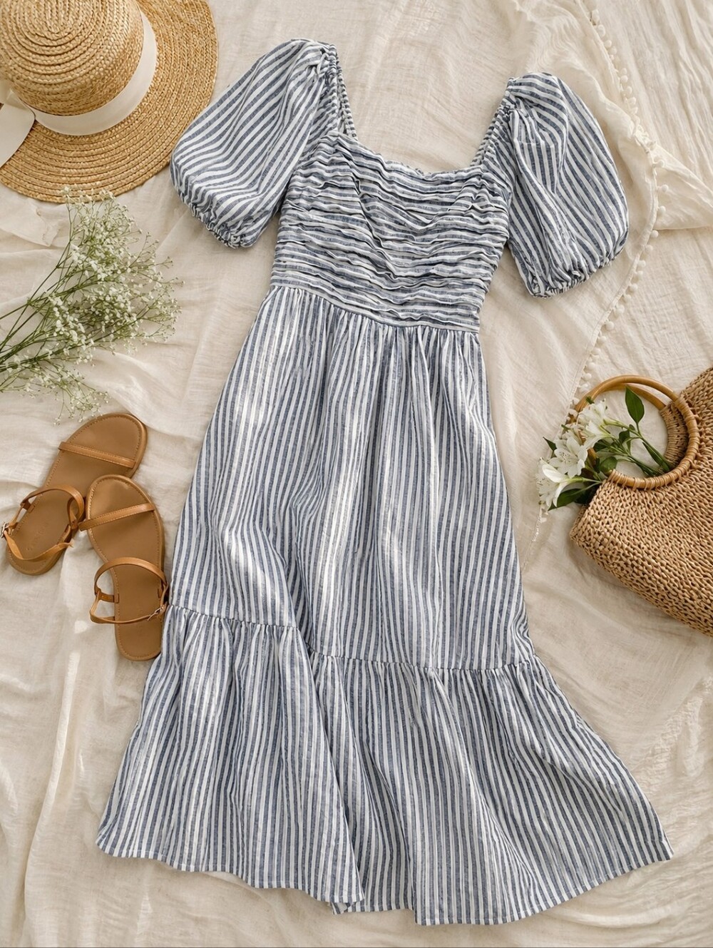 Abercrombie & Fitch Blue Stripe Puff Sleeve Midi Dress Cottagecore Smocked XS